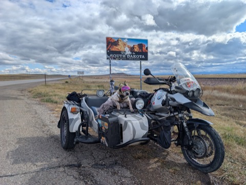 South Dakota: great faces, great places, one goggled dog.